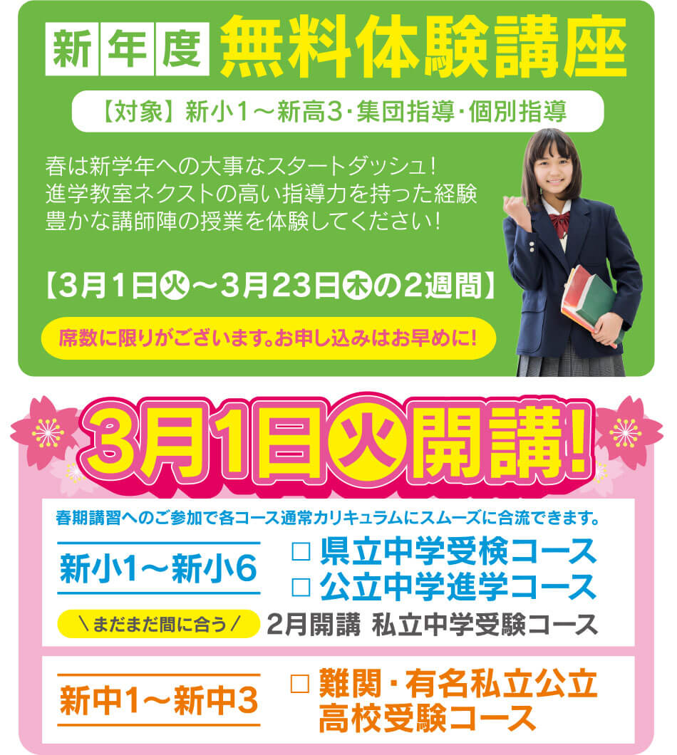 新年度 無料体験講座【対象】 新小1～新高3・集団指導・個別指導 春は新学年への大事なスタートダッシュ！進学教室ネクストの高い指導力を持った経験豊かな講師陣の授業を体験してください！ 【3月1日火～3月23日木の2週間】 席数に限りがございます。お申し込みはお早めに! 3月1日火開講!