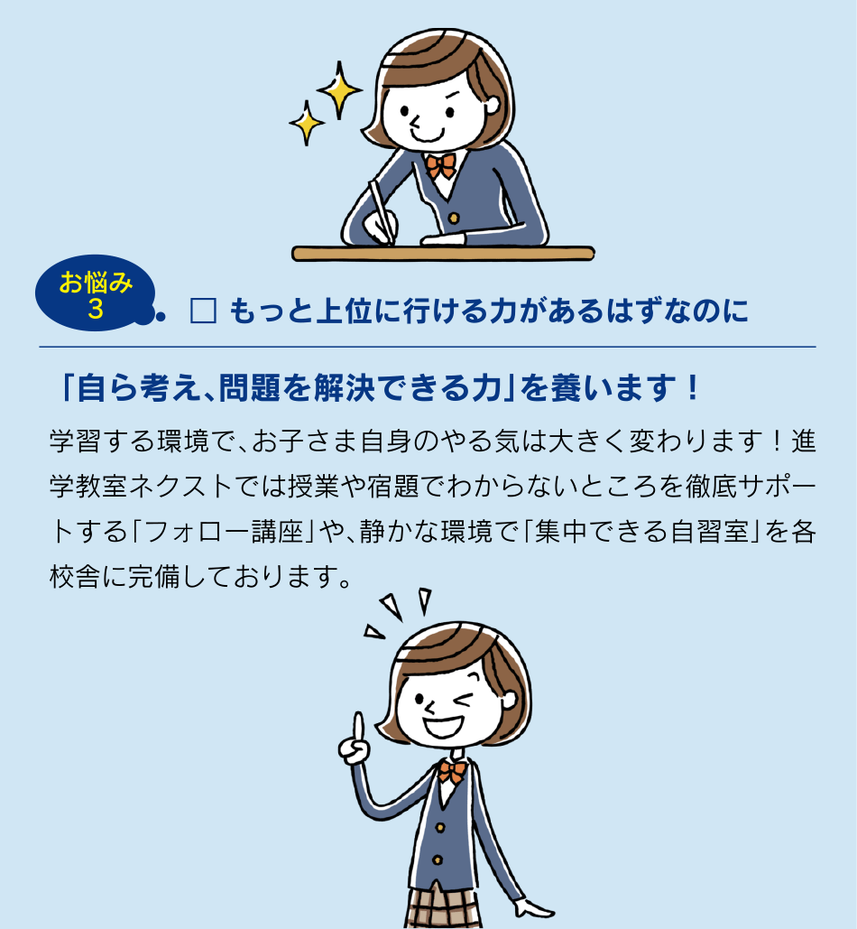 お悩み3 もっと上位に行ける力があるはずなのに 「自ら考え、問題を解決できる力」を養います！