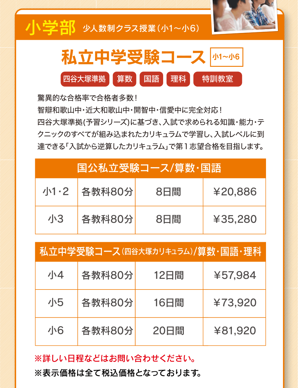 小学部 小人数制クラス授業（小1~小6） 私立中学受験コース 小1~小6