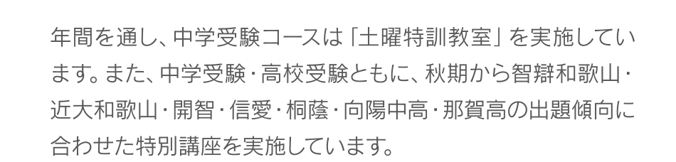 年間を通し、中学受験コースは「土曜特訓教室」を実施しています。